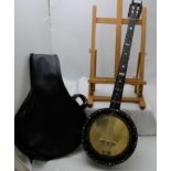 4-String Banjo, in a Rosewood Case, with mother of pearl inlay, also black leather carrying case