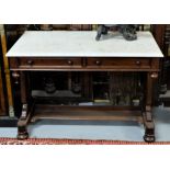 WMIV Mahogany Washstand, with two apron drawers, on a stretcher base and a white marble p, 42”w