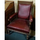 Edw. Oak Framed Gents Armchair, red leatherette fabric cover, turned legs
