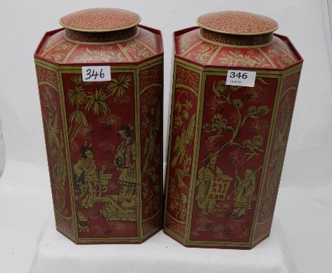 Pair of matching red, octagonal shaped tea bins with lids, featuring Chinese ladies, 14"h (2)