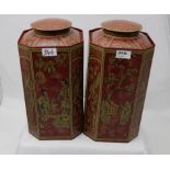 Pair of matching red, octagonal shaped tea bins with lids, featuring Chinese ladies, 14"h (2)