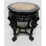 Carved hardwood Chinese Lamp Table, inset with red marble p, profusely carved, 23”h x 18”dia