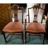 Matching set of 6 Hepplewhite style mahogany dining chairs, with lift up padded seats, mauve fabric,