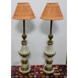 Matching Pair of American Stiffle Table Lamps (electric), cream ground with brass fluting (30”h),