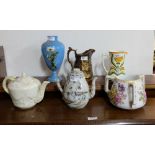6 china teapots and vases incl. an early 20thC Belleek Teapot