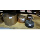 Large collection of copper ware – pair of tagines, saucepan, funnels, 2 jugs etc