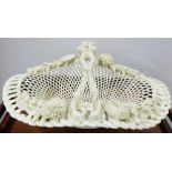 1st Period Belleek Woven Basket with handle, and applied flowers (damage border) 13”w