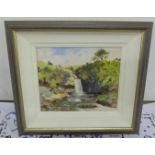 A O’KELLY – Figure seated at a Waterfall, 10” x 12”w, in a boxed glass and grey painted frame,