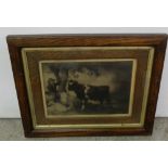 Mid-19thC lithograph – 10”w x 7”h, farmer with cows, in an oak frame