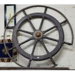 Large Oak Ships Wheel (with later frame), stamped “Harland and Wolf”, brass centrepiece, 5ft dia