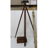 Vicrian brass-framed site level, on a mahogany tripod base with a level measure (2)
