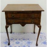 19thC walnut Low Boy, feather inlaid p, with two drawers, on Queen Anne Legs, 28”w