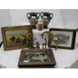 3 pairs pictures – romantic, birds, Gleaners etc & pair of green pottery vases, German jug & 3