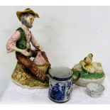 Porcelain items – Capo-di-Monte figure of tradesman, early 19thC porcelain cup with later handle,