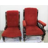 Lady’s and Gents Mahogany Framed Armchairs, on turned legs, WMIV period, red velvet fabric