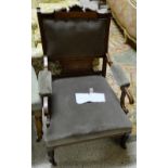Edwardian Inlaid Armchair (damage right leg), grey fabric covered padded back and seat