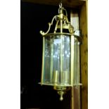 Regency style brass Hall Lantern (3 light fittings), with hanging chain and ceiling rose, 20”h (