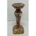 Majolica Jardinere Stand, red ground with green and yellow floral patterns, 23”h