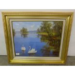 Swan Lake, gilt front, fine art litho & "Summer Blooms", oil on board, 20th C, signed Murray,