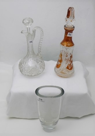 Cut Glass Decanter with amber panels, a cut glass ewer with decorative handle & an oval shaped glass