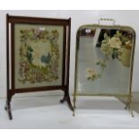 2 fire screens – 1 wooden framed with tapry insert & 1 brass framed with floral mirror (2)