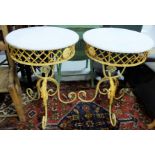 Matching Pair of White Marble pped Garden Tables, on fretwork style bases, 27”h x 20” dia