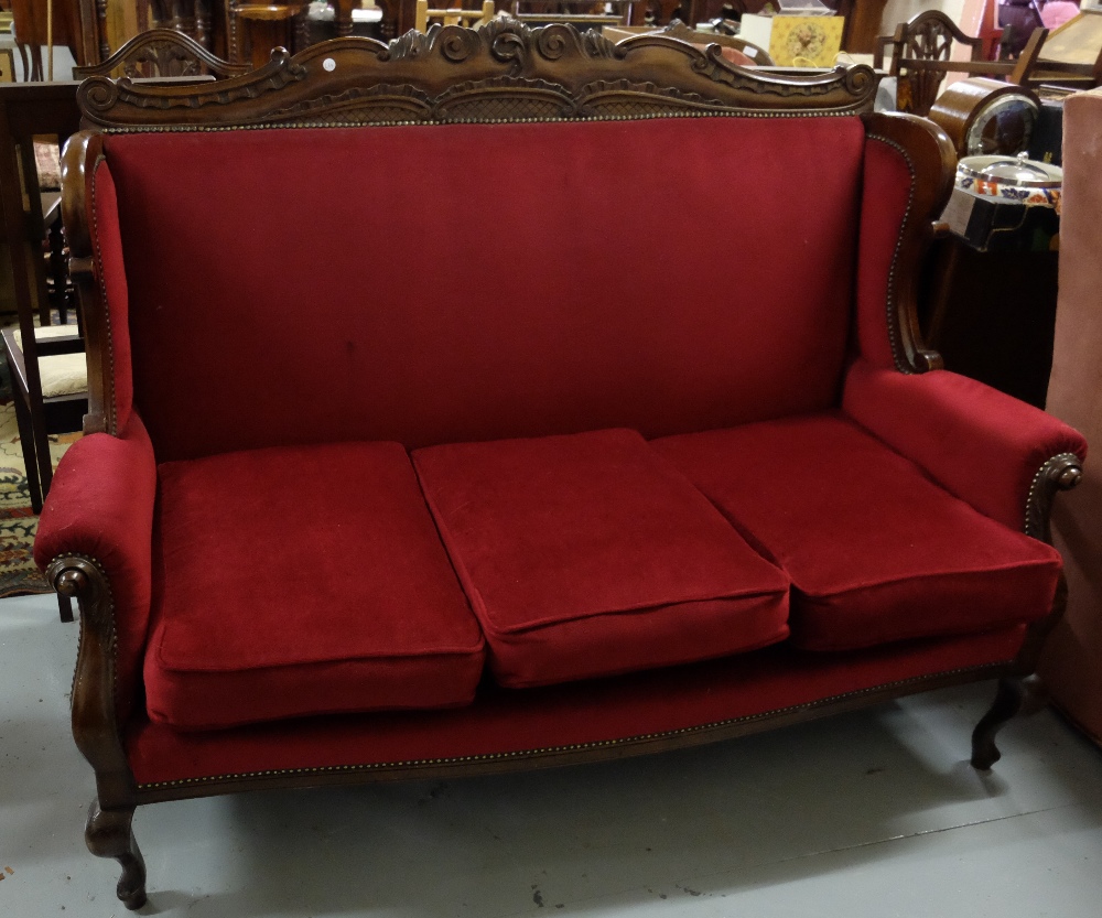 Mahogany framed 3 seater settee with carved p rail and sabre front legs, 56"w x 45"h x 28"d