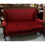 Mahogany framed 3 seater settee with carved p rail and sabre front legs, 56"w x 45"h x 28"d