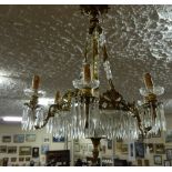 Brass framed chandelier, with cut glass droplets, 6 branches