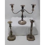 2 silver plated candlicks (1 Corinthian column) & a 3-branch candelabra (3)