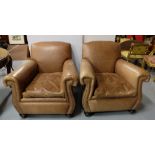 Matching Pair of Vicrian fine brown leather upholstered and brass studded Armchairs, on casrs (