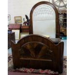 Late 19thC Mahogany Half Ter Bed, the oval headboard covered with deep butn white satin fabric,