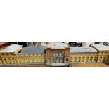 Model of German Train Station (plastic), box of train tracks, 2 modern model train, carriage