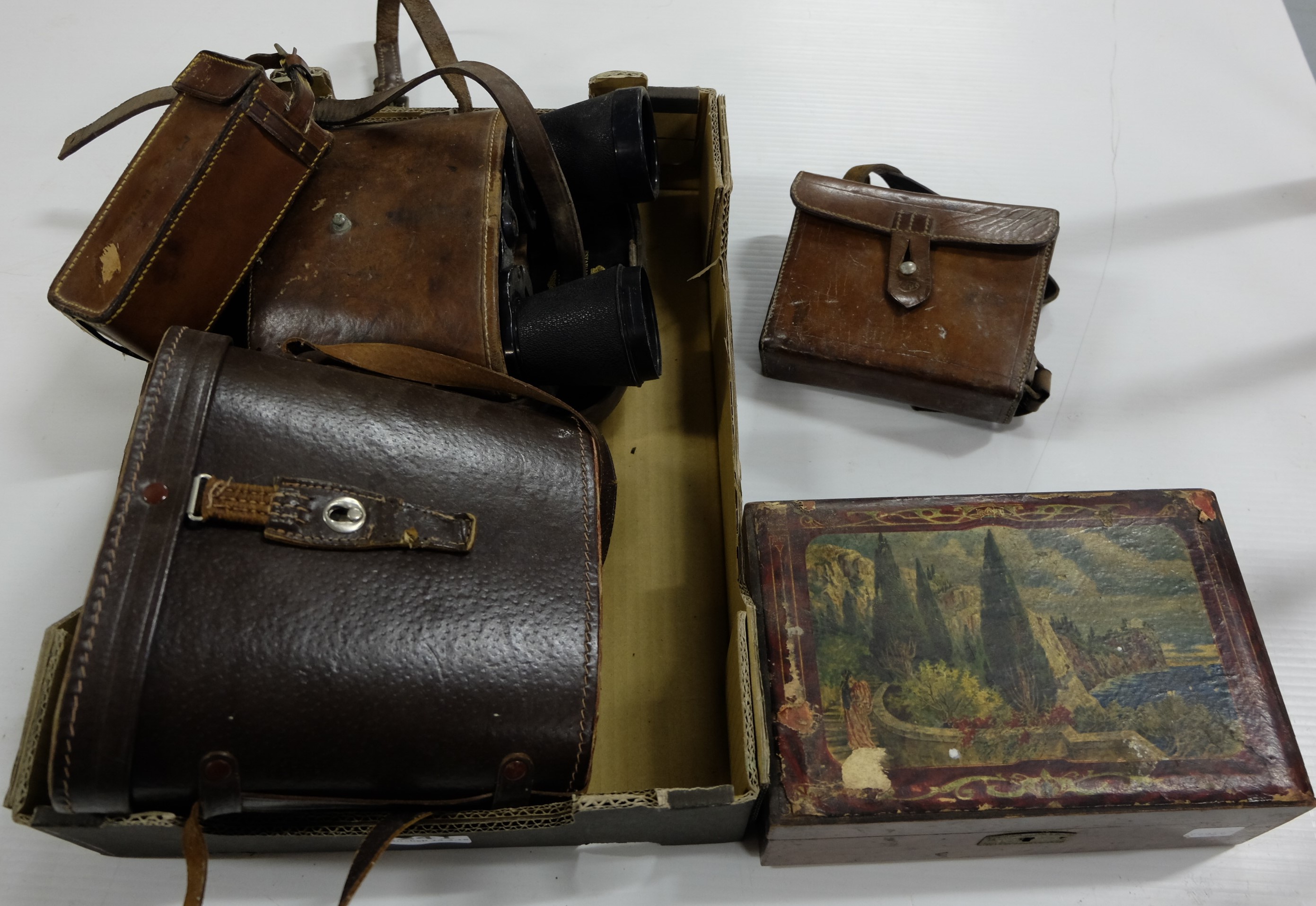 2 binoculars in leathers cases & 2 leather cases & a trinket box (5)