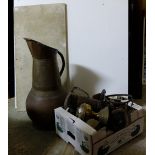 Box of brassware – oil lamp, kettle etc & a tall copper jug & white marble washstand p