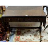 Edwardian Mahogany Sofa Table, a fine crossbanded p, over two apron drawers on end supports with