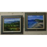 2 x framed signed modern oils on canvas, one lake and landscape with 2 black Limousine cattle, one