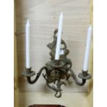 Matching Pair of brass 3-branch candle scones & a brass ceiling light with blue glass mounts (3)
