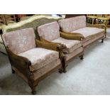 Three Piece Mahogany Suite with bergere end panels, on tapered legs – couch and pair of armchairs,