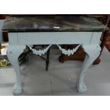 Matching pair of green marble pped console tables with painted green bases, ball and claw feet (1