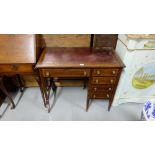 Inlaid Mahogany Kneehole Writing Desk with a red leather p, 1 long drawer and 4 short drawers, 36”