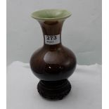 19th C Chinese smoke glaze vase on carved hardwood stand, 8”h