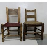 Two Irish Farmhouse Kitchen Chairs, 1 with a red sugan seat, through mortice stretchers (2)