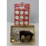 Various English Commemorative Coins in box, brass “ken money”, Vatican souvenir coins etc