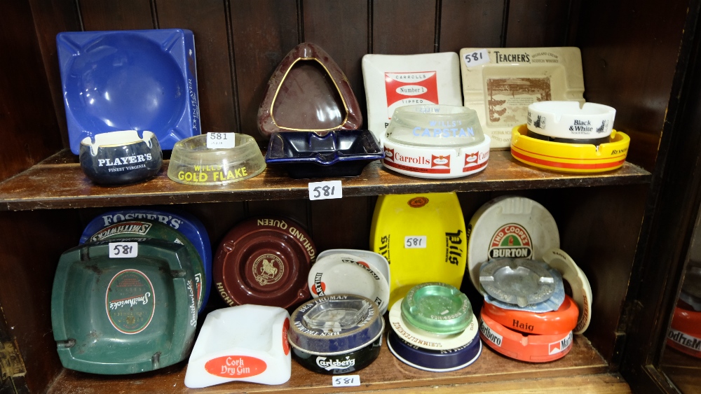 2 shelves of Ashtrays – Carrolls, Wills Capstan, Gold Flake, Woodbine etc