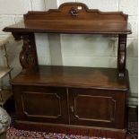 WMIV Mahogany Dumbwaiter, the raised gallery over a double rimmed p shelf and a 2 cabinets below,