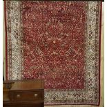 Red ground Kashmir Carpet, a tree of life and other designs, 2.7m x 3.2m