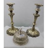 Pair of Sheffield Plate Candlicks & a plated counter bell (3)