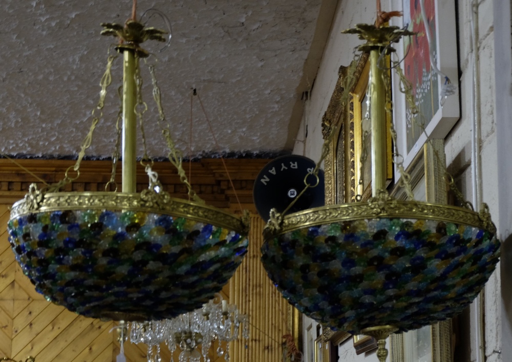 Matching Pair of Brass Framed Ceilings Lights (electric), with mosaic coloured glass bowls, each