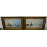 Pair of 19thC Oil Paintings – fishing boats in port, gold frames (2), 23”w x 12”h